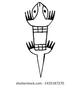 Stylized lizard. Isolated vector illustration. Ancient Peruvian tribal motif from Nazca or Nasca pottery. Hand drawn linear sketch. Black silhouette on white background.
