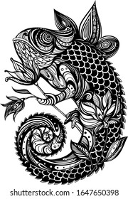 Stylized lizard. Line art. Black and white drawing by hand. Decorative.Iguana.Tattoo.Doodle. Zentangle.Vector abstraction guana.