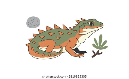 Stylized lizard standing beside a small grey pebble and a single sprig of green leaves on white.