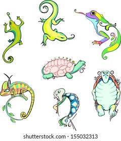 Stylized lizards and turtles. Set of color vector animal icons.