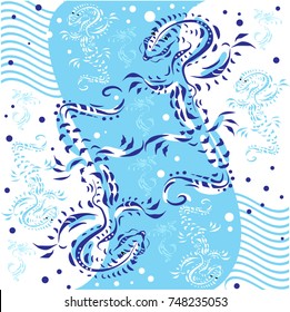 Stylized lizards and waves in white and blue tones