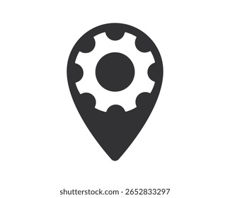 Pino de localização estilizado com uma roda dentada, simbolizando a localização do serviço técnico. Ótimo para mapas, aplicativos, mecânica, reparo e temas de engenharia.