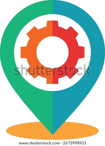 A stylized location pin icon with a central gear symbol, surrounded by colorful concentric circles, representing industry, mechanics, or service at a specific point on a map.