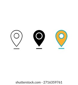 Stylized location pin illustrations in three styles
Three location pin icons arranged side by side in black, white, and multicolor. Each features a circular center and horizontal base line.