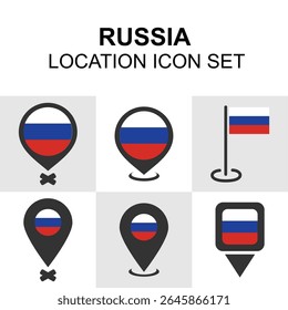 Stilisierte Lokationsstifte mit russischer Flagge. Geeignet für die Navigation, globale Reise-Tools und Inhalte über die Russische Föderation.
