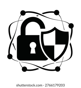 A stylized lock and shield icon representing cybersecurity and data protection.