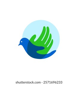 stylized logo of a bird with a green hand forming its wing, set against a light blue circular background