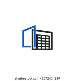A stylized logo of a building with an open door, combining blue and black colors