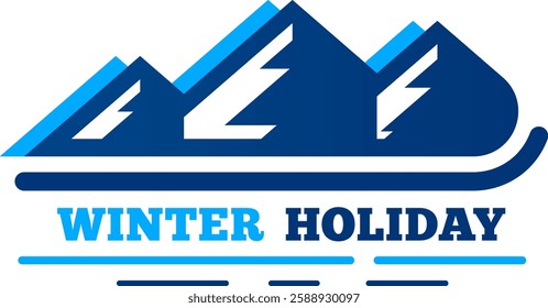 Stylized logo capturing the essence of winter holiday sledding beneath majestic snowy mountain peaks, featuring vibrant blue and white colors along with playful text elements