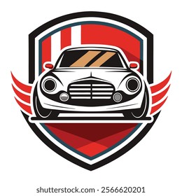 A stylized logo of a classic car, situated within a shield-like graphic