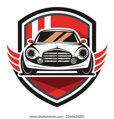 A stylized logo of a classic car, situated within a shield-like graphic