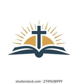 A stylized logo depicting a dark blue cross standing over an open book with yellow sun rays shining behind it, set against a clean white background, symbolizing faith and knowledge.