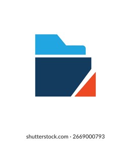 Um logotipo estilizado que representa um ícone de pasta, composto de formas geométricas azul, azul escuro e laranja.  Sugere organização e armazenamento digital.