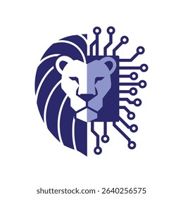 A stylized logo depicting a lion's head split in half, one side representing nature with a mane and the other side representing technology with circuit board...