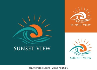 A stylized logo depicting a teal ocean wave with an orange sun setting behind it.