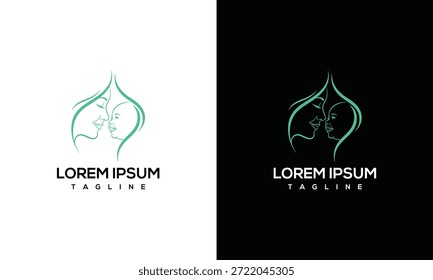Um design de logotipo estilizado com o rosto de uma pessoa em um contorno preto sobre fundos brancos e pretos contrastantes