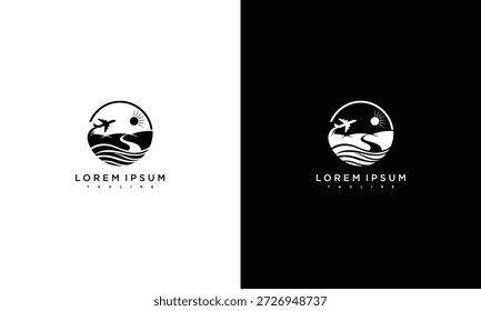 Stylized logo design featuring a serene ocean scene with birds in flight, presented on contrasting backgrounds