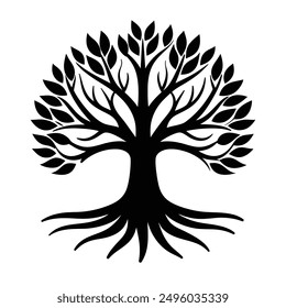 Ein stilisiertes Logo-Design mit einem Baum mit sichtbaren Wurzeln, der Wachstum, Stabilität und Verbindung zur Natur symbolisiert.