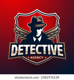 A stylized logo for a detective agency featuring a silhouette of a detective in a fedora hat, flanked by wings, set against a red gradient background. The word 'DETECTIVE' is prominently displayed.