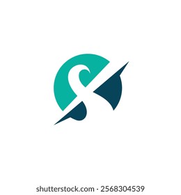 A stylized logo featuring an ampersand symbol integrated with a circular design, split into two contrasting colors, teal and dark blue