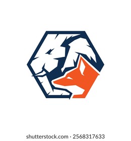 A stylized logo featuring a blue elephant and an orange fox within a hexagonal shape