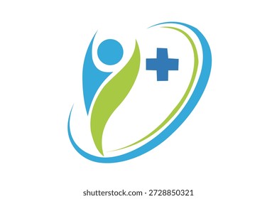 A stylized logo featuring a blue and green human figure with a blue cross, symbolizing healthcare and wellness within a swoosh design.