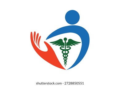 Um logotipo estilizado com uma figura humana azul com mão vermelha estendida e um símbolo verde caduceu médico, representando assistência médica e apoio.