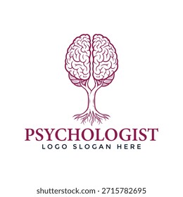 Um logotipo estilizado com um cérebro com raízes de árvore, simbolizando crescimento e psicologia. O design combina um cérebro com uma árvore, transmitindo saúde mental e bem-estar. O logotipo é simples, mas eficaz para uma marca de psicólogo.