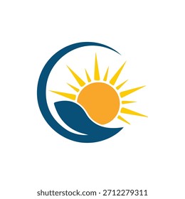Logotipo estilizado con un sol naranja brillante con rayos amarillos, parcialmente acunado por una forma curva azul oscuro que se asemeja a una mano o una ola.