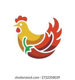 Un logotipo estilizado con un pollo combinado con un chile, que representa comida picante o un restaurante.