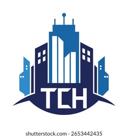 Um logotipo estilizado com um conjunto de edifícios azuis, incluindo arranha-céus com uma antena central, e as letras brancas proeminentes TCH dentro de uma forma abstrata azul escuro.