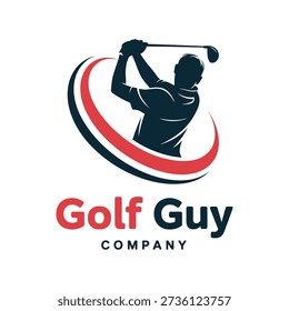 A stylized logo featuring a dark blue silhouette of a golfer swinging a club, surrounded by a red and dark blue swoosh, with the text 'Golf Guy Company' in bold font
