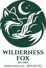 A stylized logo featuring a fox and waterfall inside a circular design with stars and a moon