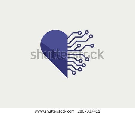 A stylized logo featuring a heart shape, half solid blue and half composed of intricate digital circuit board elements, symbolizing the integration of emotion and technology.