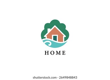 A stylized logo featuring a house nestled within a green tree shape, with a turquoise wave at the base. The word "HOME" is printed below the graphic, isolated on white background.