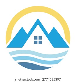 A stylized logo featuring a house nestled between mountains, with a sun and wavy water design elements.
