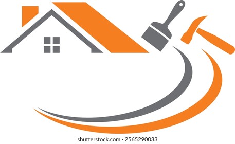 stylized logo featuring a house with an orange roof a paintbrush, and hammer The house has a window with four panes The paintbrush and hammer are positioned above two curved lines one gray and orange.