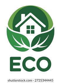Un logotipo estilizado con una silueta de la casa abrazada por hojas verdes, con la palabra "ECO" a continuación, que simboliza la vida ecológica y la sostenibilidad.