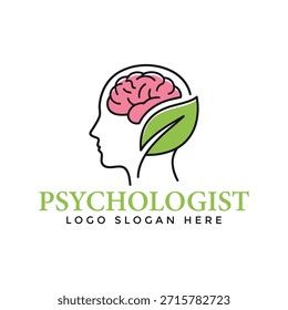 A stylized logo featuring a human head with a brain and leaf, symbolizing psychologist services, mental health, and wellness. The design combines a pink brain with green leaf elements, conveying growth and harmony. The clean and simple style makes it versatile for various professional uses.