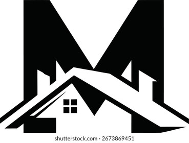 Un logotipo estilizado con una Grande letra M con una silueta de la casa incorporada en el diseño, que representa bienes raíces.