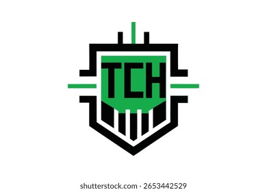 Um logotipo estilizado com as letras TCH dentro de uma forma de escudo verde. O projeto incorpora linhas pretas e verdes, assemelhando-se a caminhos de placas de circuitos e uma estética geométrica moderna.