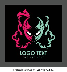 A stylized logo featuring a masked figure with a fierce expression, surrounded by swirling smoke