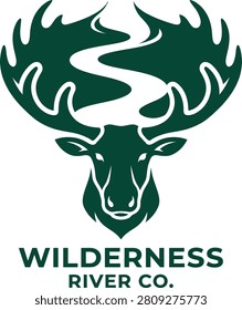 Stylized logo featuring a moose with antlers and a river flowing through, ideal for outdoor gear