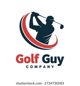A stylized logo featuring a navy blue silhouette of a golfer swinging a club, surrounded by a red and navy blue swoosh on a white background, with the text 'Golf Guy Company' in bold font