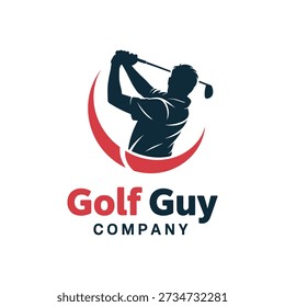 A stylized logo featuring a navy blue silhouette of a golfer in mid-swing, surrounded by a red crescent shape, with the text 'Golf Guy COMPANY' in bold red and navy blue font, isolated on white backgr