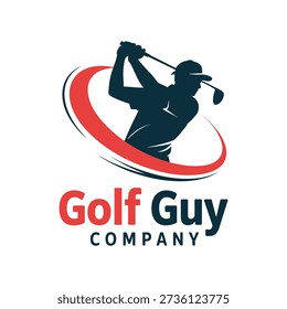 A stylized logo featuring a navy blue silhouette of a golfer in mid-swing, surrounded by a red swoosh on a white background, with the text 'Golf Guy COMPANY' in bold font.