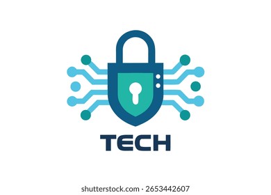 Um logotipo estilizado com um cadeado dentro de um escudo, conectado a elementos da placa de circuito. A palavra "TECH" é exibida de forma destacada abaixo, simbolizando a segurança tecnológica.