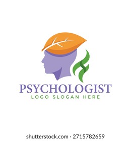 Ein stilisiertes Logo mit einem violetten menschlichen Kopf mit orangefarbenem Blatt und grünen Akzenten, das Wachstum und geistiges Wohlbefinden symbolisiert, für einen Psychologen oder eine Therapiepraxis.