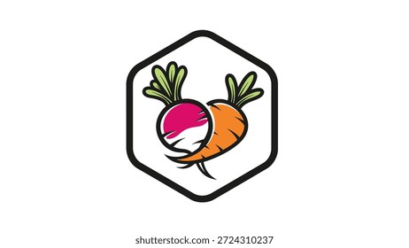 Logotipo estilizado con un rábano y una zanahoria dentro de un marco hexagonal. Colores vibrantes, representa una alimentación saludable y productos frescos.