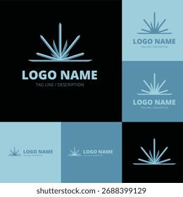 A stylized logo featuring sharp, pointed elements radiating upwards from a horizontal line, presented in various color palettes and backgrounds.